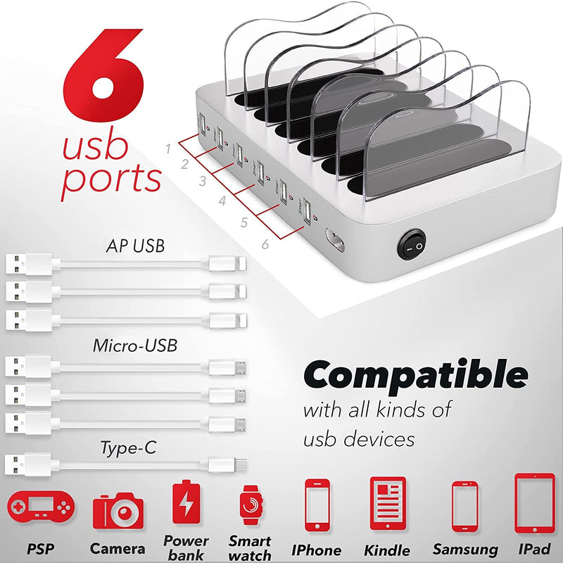 [Australia - AusPower] - USB Charging Dock - 6-Port - Fast Charging Station for Multiple Devices Apple - Multi Phone Charger Station - Charging Station - for Apple iPad iPhone and Android Cell Phone and Tablet 6-Port Silver 1-pack 