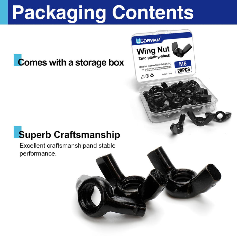 [Australia - AusPower] - 28PCS M6 Metric Wing Nuts kit, Zinc Plating-Black Wing Nuts Butterfly Fasteners, Hand Twist Tighten Ear Butterfly Nut Kitfor Easy Assembly and Secure Fit Furniture 28Pcs M6 