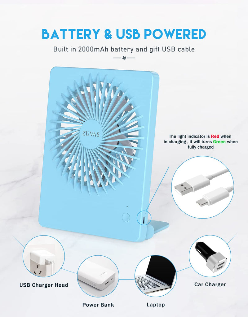 [Australia - AusPower] - Zuvas Desk Fan Battery Operated Fan Rechargeable 180°Tilt Folding Personal Fan Ultra Quiet Small Portable Fan 3 Speed Adjustable Strong Wind USB Fan For Office Bedroom Home Desktop Camping (Blue) Blue 