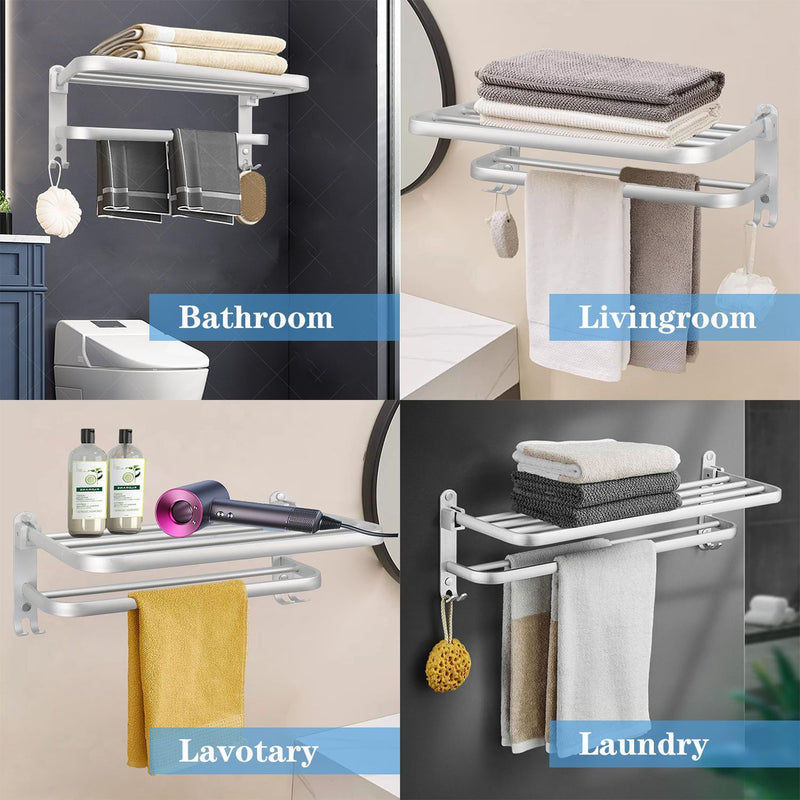 Towel Rack for Bathroom, Bath Towel Holder with Double Towel Bar and Fold-able Towel Shelf, Rustproof Towel Organizer Wall Mounted Towel Storage Hanger for Bath/Balcony/Lavatory(24In Sliver) 24 IN+3 Hook