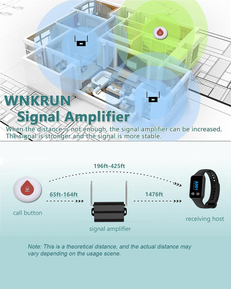 Wireless Calling System Wireless Caregiver Pager Call Button Nurse Alert System with 1 Waterproof Caregiver Watch/5 Call Buttons for Elderly/Patient/Disable at Home 1 watch+5 O1