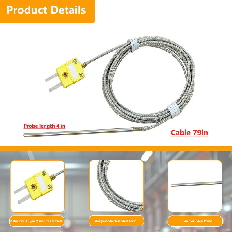 [Australia - AusPower] - TCE-K02H3-100 K Type Thermocouple Probe for Furnace K Type Thermocouple High Temp Sensor Temperature Range - 77°F to 1112°F 