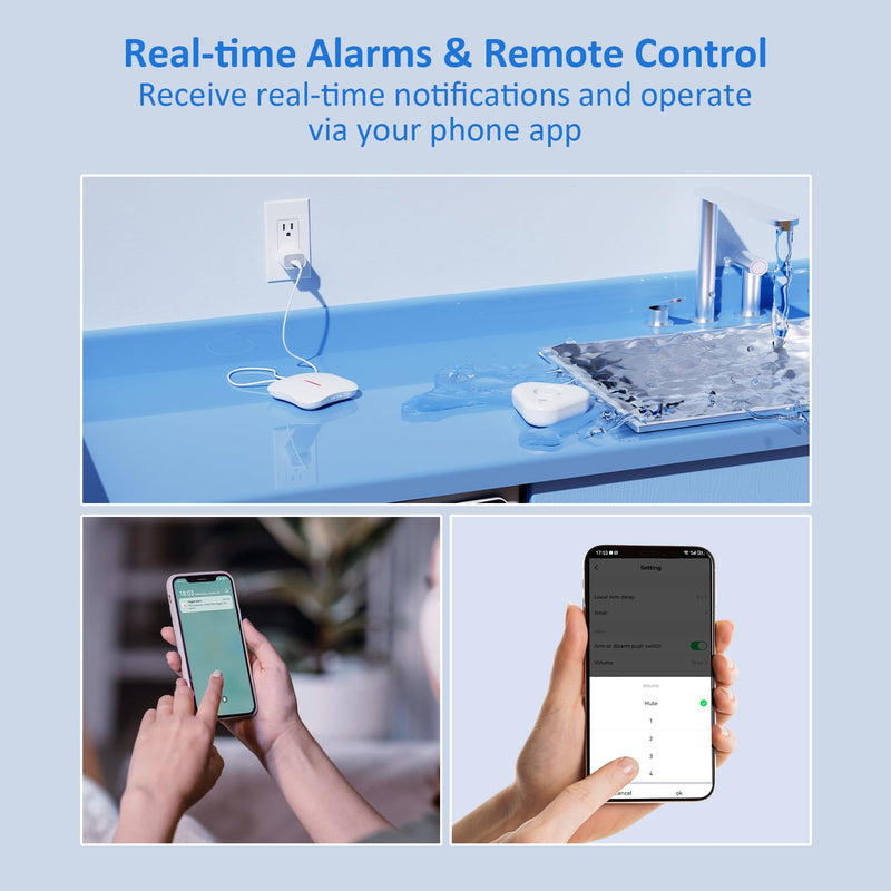 Smart Water Leak Detectors for Home WiFi with App Alerts, Stechro Ajustable 120dB Water Sensor Alarm Leak Detector for Basements Sink Kitchen Laundry, 4 Water Sensors & 1 Gateway 4 Upgraded Sensor&1 Wifi Gateway White