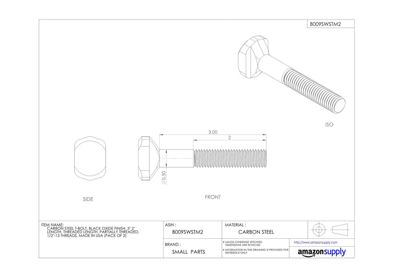 [Australia - AusPower] - Te-Co 45408 Black Oxide Medium Carbon Steel T-Slot Bolt, 1/2"-13 TPI, 2" Thread Length, 3" Length, 1-3/16" x 7/8" x 1/4" Head, 1/2" Table Slot (Pack of 2) #10-12 Partially Threaded 3 Inches 