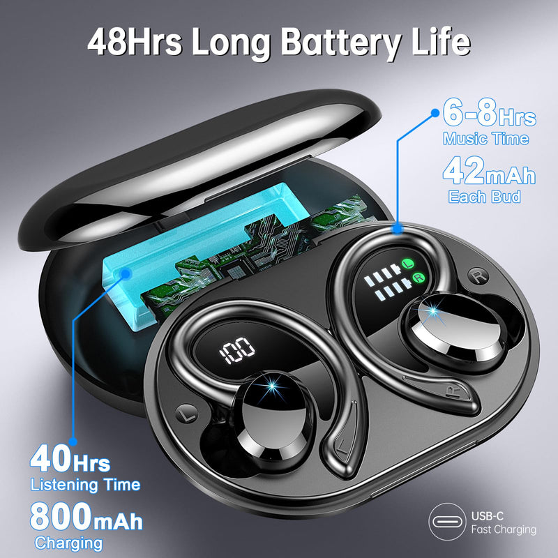 [Australia - AusPower] - Wireless Earbuds Bluetooth Headphone Sport, 2024 Bluetooth 5.3 Earbud 14.2mm Driver Stereo Over Ear Buds, 48Hrs Earphone with Earhook, Noise Cancelling Mic, IP7 Waterproof Headset for Workout/Running 800 mAh Black 