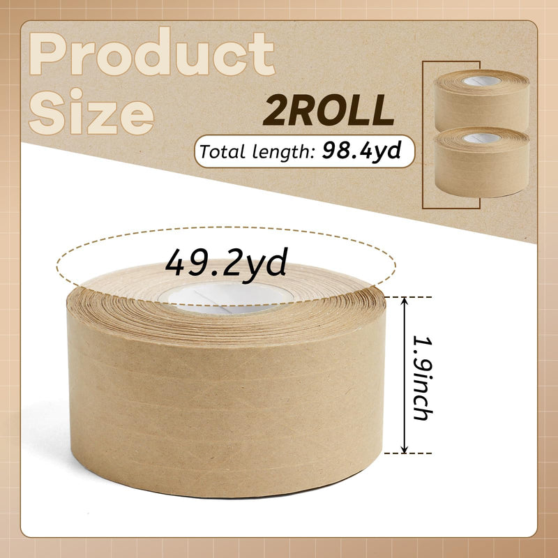 Reinforced Water Activated Gummed Kraft Paper Tape,2 Rolls 1.9 inch x 49.2 yd Brown Packing Tape,Total 98.4 yds for Heavy Duty Secure Packing and Shipping