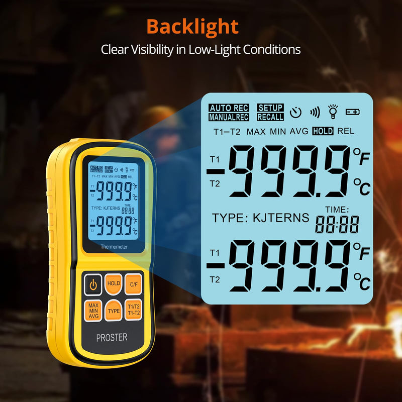 [Australia - AusPower] - Proster Digital Thermometer with 2 Dual Channel K-Type Thermocouples Sensor Probe LCD Backlight Temperature Meter Temperature Meter for Thermocouple Types K/J/T/E/R/S/N - Yellow 