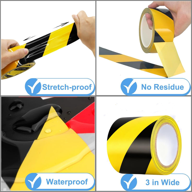 3 Inch x 110FT Caution Tape Hazard Tape Warning Tape Black and Yellow Safety Tape Strong Adhesive Wear Resistance Warterproof Caution Tape for Floor Marking, Caution and Aisle Marking, caution signs