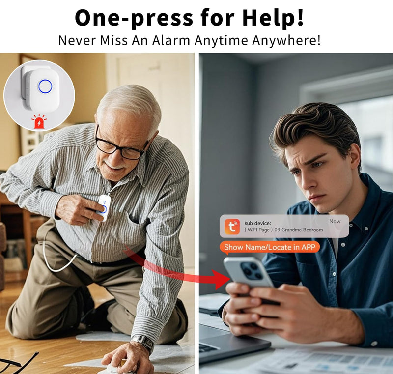 [Australia - AusPower] - WiFi Wireless Caregiver Pager Call Button for Elderly at Home, App Control Medical Alert System for Seniors Patients Disabled Monitoring, Home Nursing Care Facility Use (Only Supports 2.4GHz WiFi) 2Call Buttons + 1 Receivers 