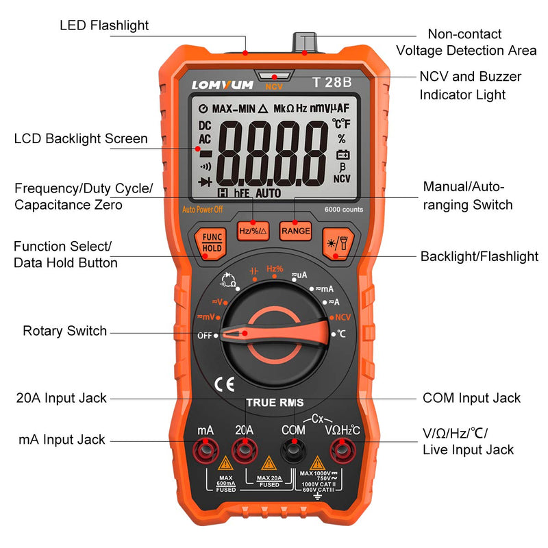 [Australia - AusPower] - LOMVUM Digital Multimeter, 6000 Counts Auto-Ranging Voltage Tester Meter with Ohm Volt Amp Capacitance Temperature Frequency Diode Backlit LCD and Flashlight 