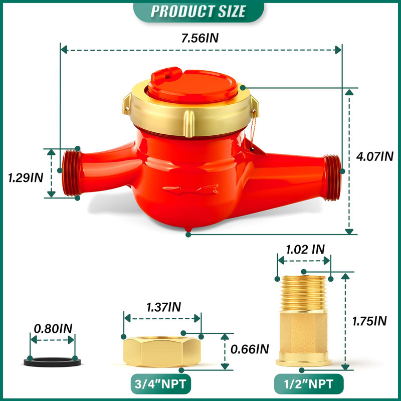 [Australia - AusPower] - Hot Water Meter, 3/4" NPT Thread Couplings, with Brass Coupling Pipe Fitting, Horizontal Install, for use in Home hot Water Systems 