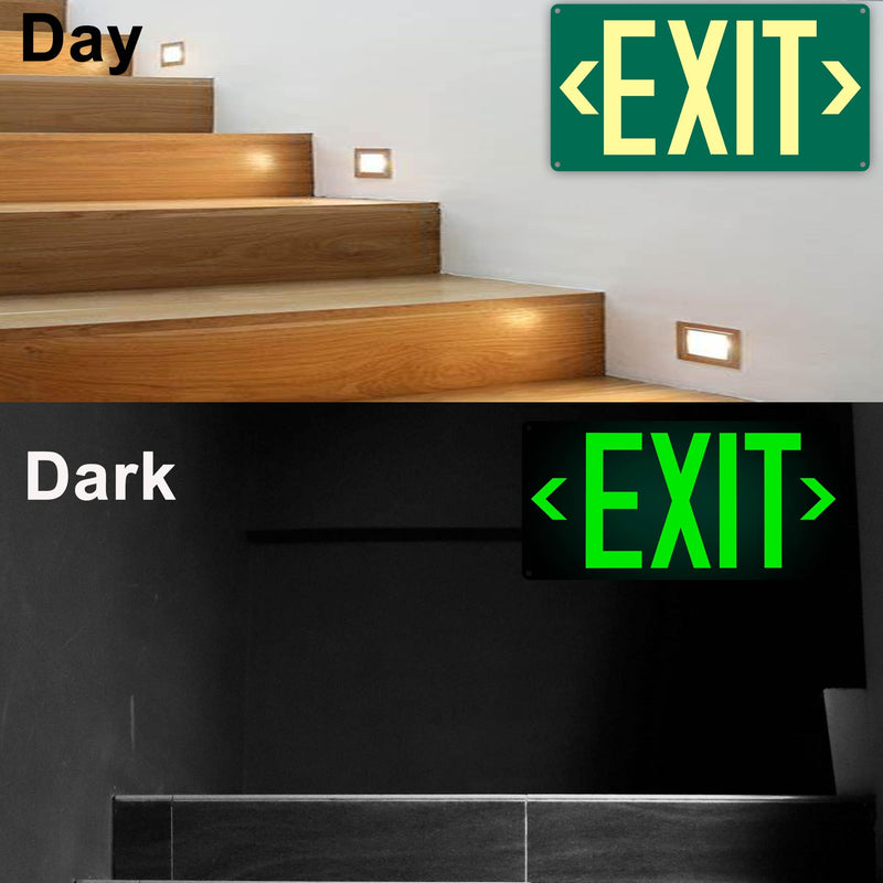 1Pack Photoluminescent Exit Sign Green - Aluminum -14.25"x 7.5" Glow In The Dark Adhesive Backing- Includes 2pcs Removable Arrows- Non Electrical Green Exit Light Green-Metal-1Pack