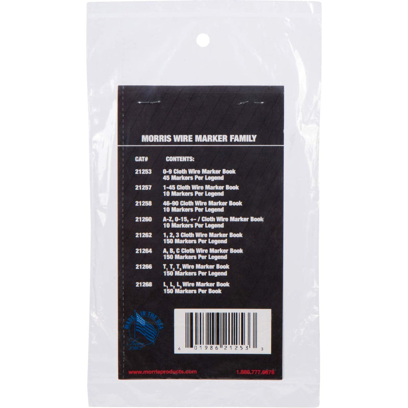 Morris Products Pre-Printed Wire Marker Booklet - AC, DC, pos, neg, grnd, neut, spare, blank, + - Standard Marking – 21-45 Markers Per Legend – Self-Adhesive Cloth Material – 1 Count