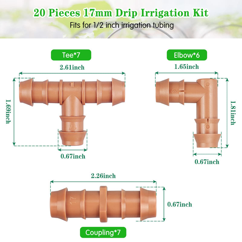 [Australia - AusPower] - Drip Irrigation Fittings Kit?20 Pieces Drip Irrigation Parts for 1/2 Inch Drip Irrigation Tubing with 0.600" ID Drip Line System Barbed Connectors Including 7 Couplings 7 Tees 6 Elbows 20 Pack Set 