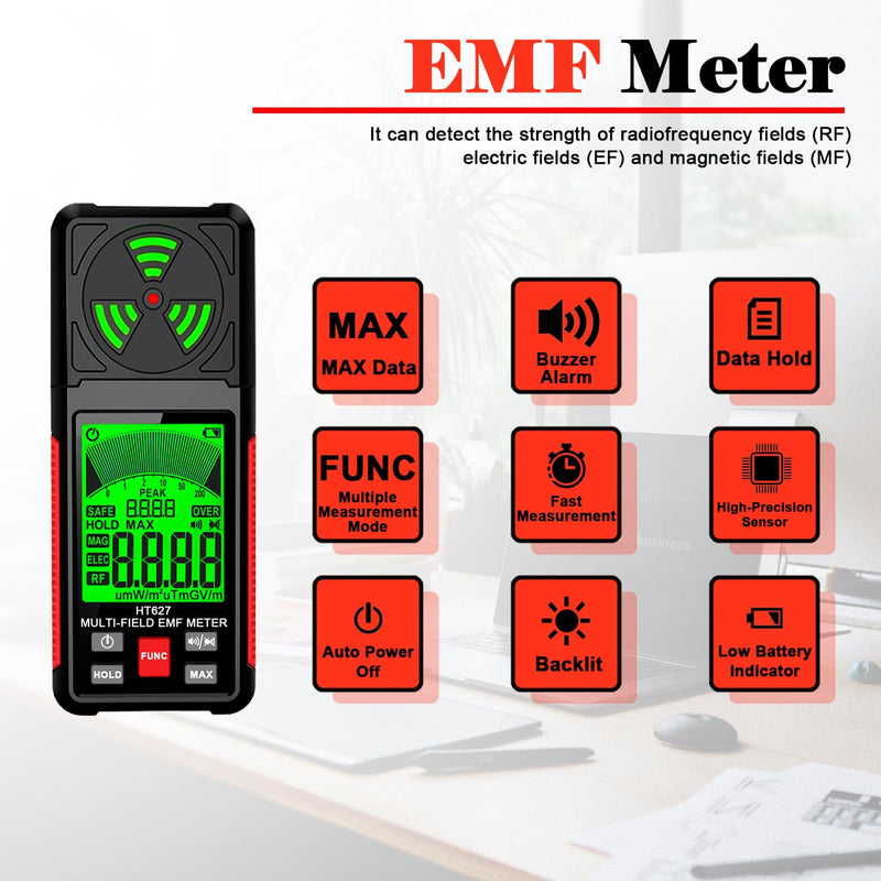 [Australia - AusPower] - EMF Meter, 3-in-1 Portable Electromagnetic Field Radiation Detector Handheld EMF Tester for EF, RF, MF, WiFi Signal, Radio Frequency Detector Suitable for Home Office EMF Inspections Ghost Hunting 