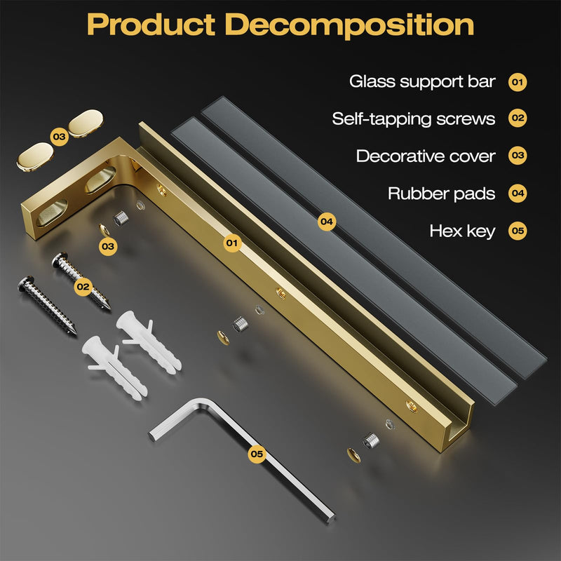 Ranbo Sleeve-Over Shower Panel Support Bracket, Left Side Installation | 304 stainless steel, fits 1/4" - 1/2" (6-12 mm) thick glass, mirror gold, no glass drilling Left Side Glass Polished Gold