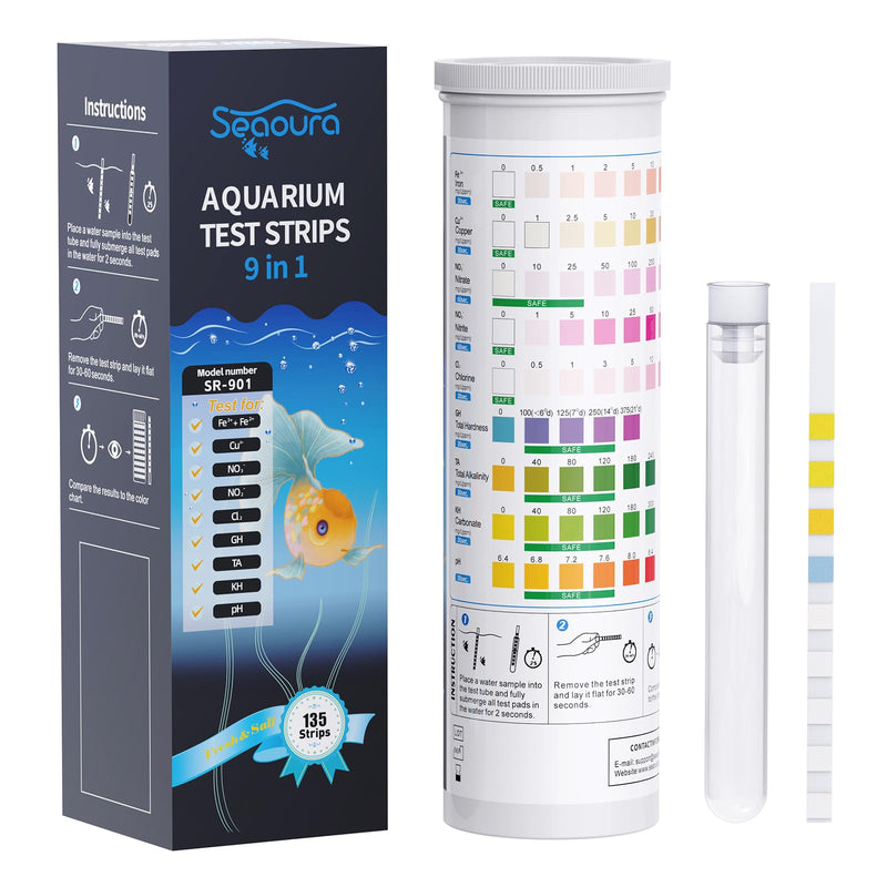 [Australia - AusPower] - SEAOURA 9-in-1 Aquarium Test Kit for Fish Tanks - 135 Strips Water Testing Strips for Aquariums & Ponds Accurate Testing Iron，Copper，Nitrate，Nitrite，Chlorine，Hardness，Alkalinity，Carbonate，pH SR-901-135 