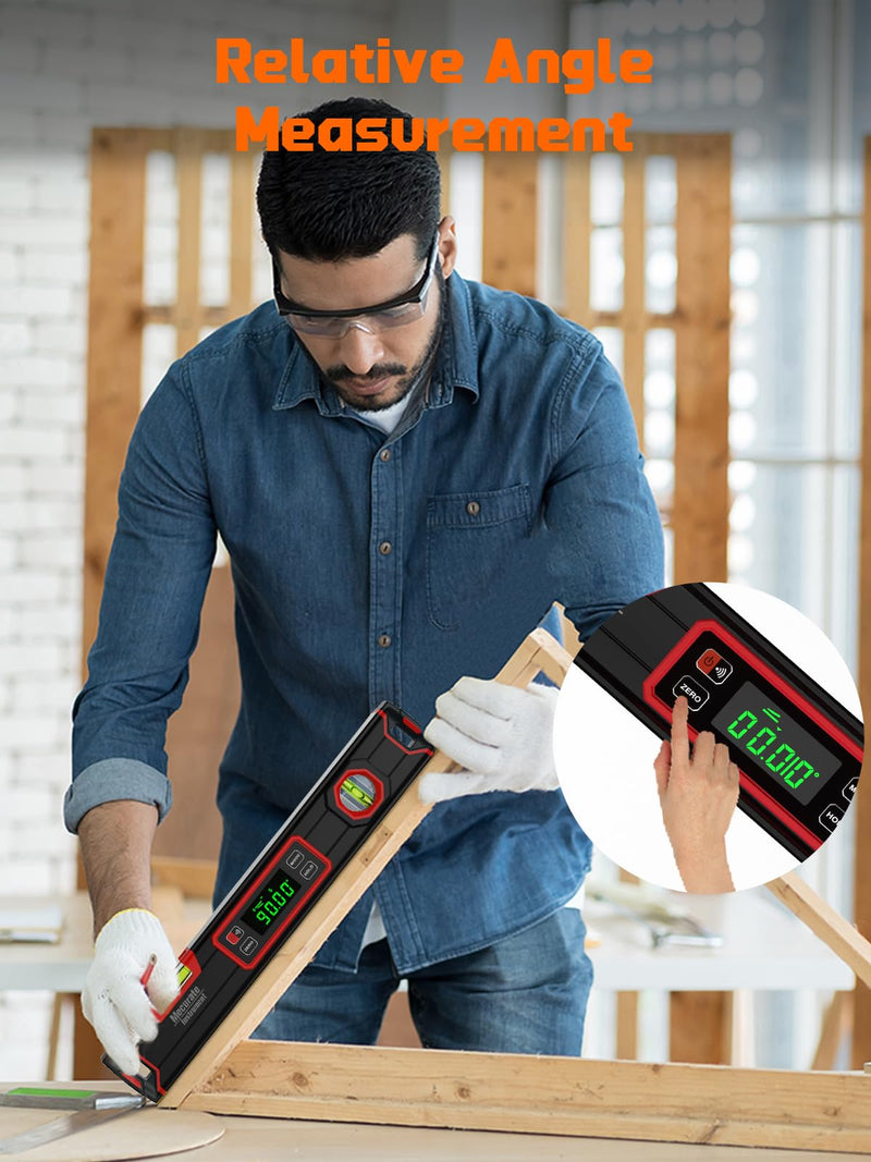 [Australia - AusPower] - Mecurate 16-Inch Digital Level, Portable Electronic Angle Finder with Backlit Display, ±0.1° Accuracy, Magnetic Base, 4 Measurement Units, Compact Torpedo Smart Level Tool for DIY & Professional Use Red 