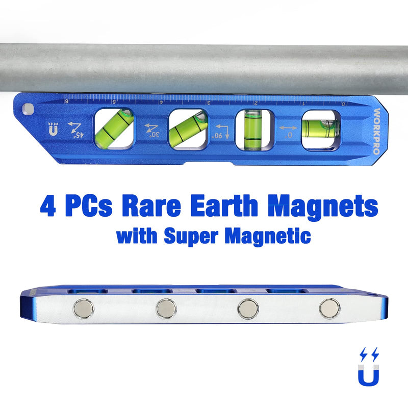 WORKPRO 8-Inch Magnetic Torpedo Level, Aluminum Alloy Construction, 4 Bubble Vials for 0°/90°/45°/30° Measurements, Cobalt Blue