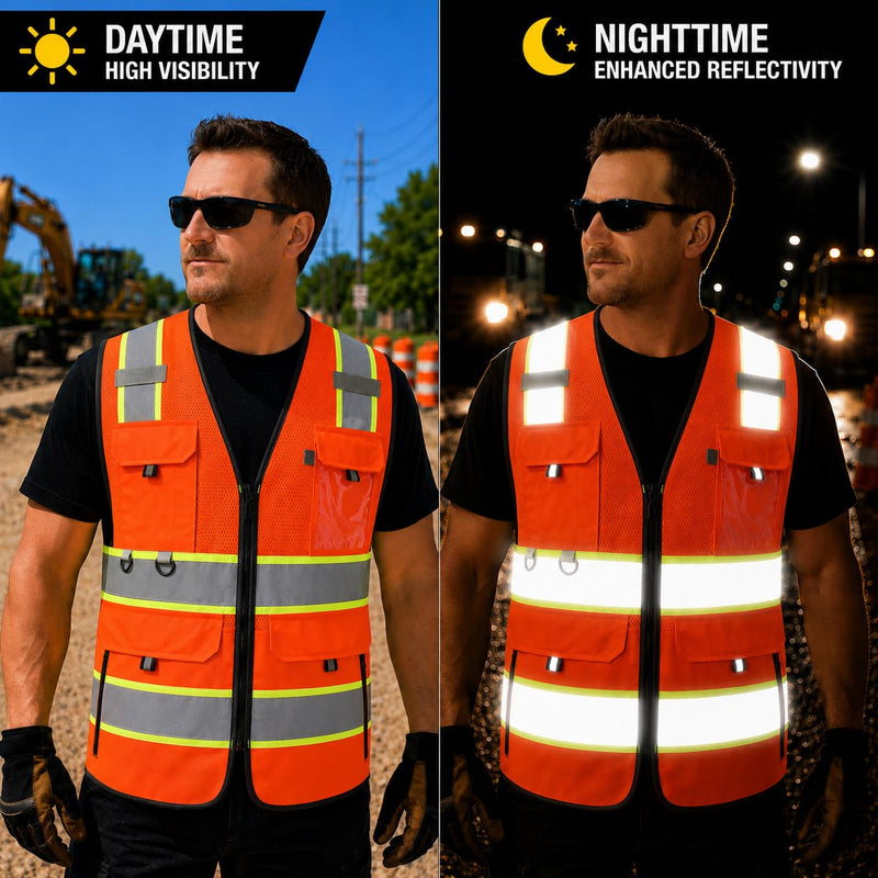 Hi Vis Reflective Safety Vest for Men Women with Pockets Mesh High Visibility Construction Vest,Meet ANSI/ISEA(YW001) Large Orange 1
