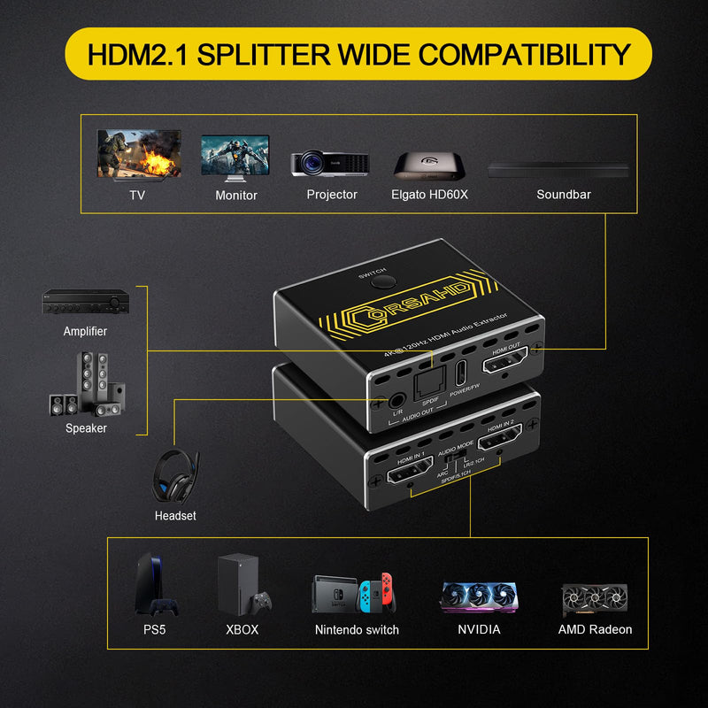 8K@60Hz 4K@120Hz HDMI2.1 Audio Extractor 2 in 1 Out Switch,48 Gbps,HDCP 2.3, SPDIF 5.1Ch,L/R 2.1Ch,Supports,ARC TV Apps,VRR,ALLM,HDCP Bypass,HDR,Dolby Vision Atmos,Soundbar,Graphics Card
