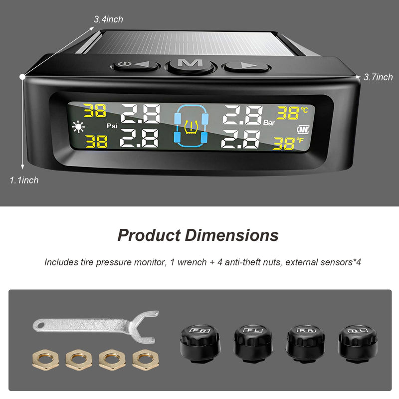 Tire Pressure Monitoring System, Wireless Tire Pressure Monitor with Solar/USB Charger & 4 External Sensors, 6 Alarm Modes Real-time LCD Display TPMS for Car Trailer Truck