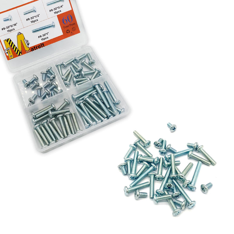 [Australia - AusPower] - 60 Pcs 4 Sizes #8-32 Machine Screws Knob Screws Cabinet Screws Electricians Screws, Carbon Steel Zinc-Plated Phillips Pan Head Machine Screws Assortment Kit #8-32-4Size-60P 