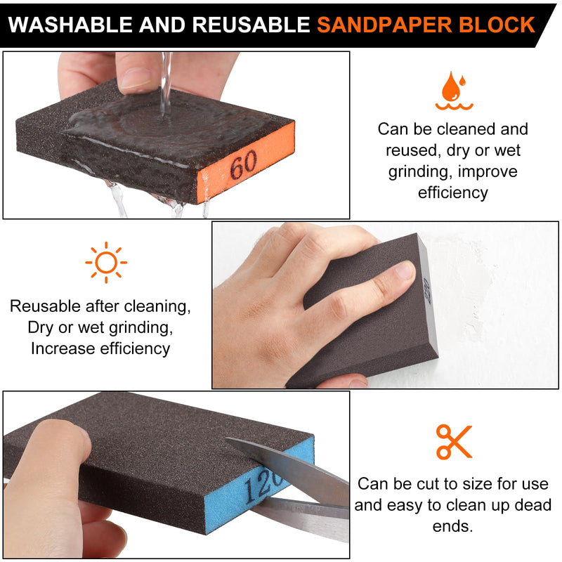 [Australia - AusPower] - Romeda 8-Pack Sandpaper Block, Four Grits Per Pack 60/80/120/220, Washable and Reusable Handmade Sanding Sponge, Drywall Sandpaper Blocks for Wooden Drywall Sheetrock and Metal Glazing 