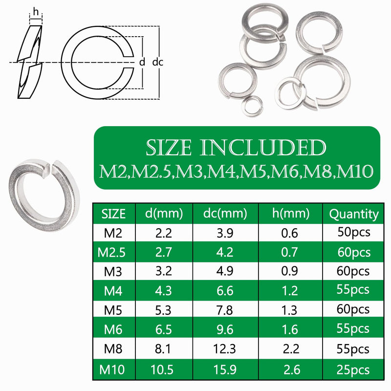 [Australia - AusPower] - 420PCS Metric Sizes 304 Stainless Steel Spring Lock Washers Assortment Kit- M2, M2.5, M3, M4, M5, M6, M8, M10, Prevent Loose Fasteners 420PCS 
