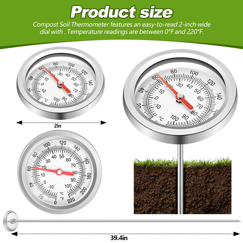 [Australia - AusPower] - Compost Thermometer 39.4 Inch Stem Composting Soil Thermometer Waterproof Soil Temperature Thermometer, Fahrenheit and Celsius, Stainless Steel, with Composting Temperature Guide 