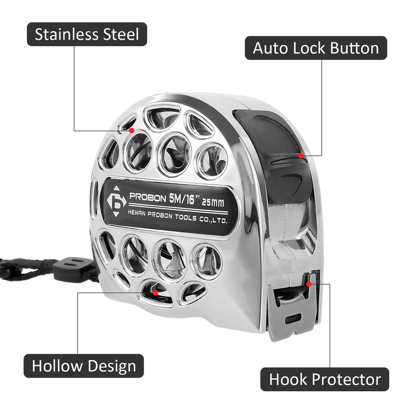 [Australia - AusPower] - 2 PCS Retractable Tape, 5M/16Ft Stainless Steel Measuring Tape, Self-Lock Double-Sided Scale Retractable Metric Ruler, Non-Fall Wear-Resistant Hollow Design Tape Measure for Household Industrial 