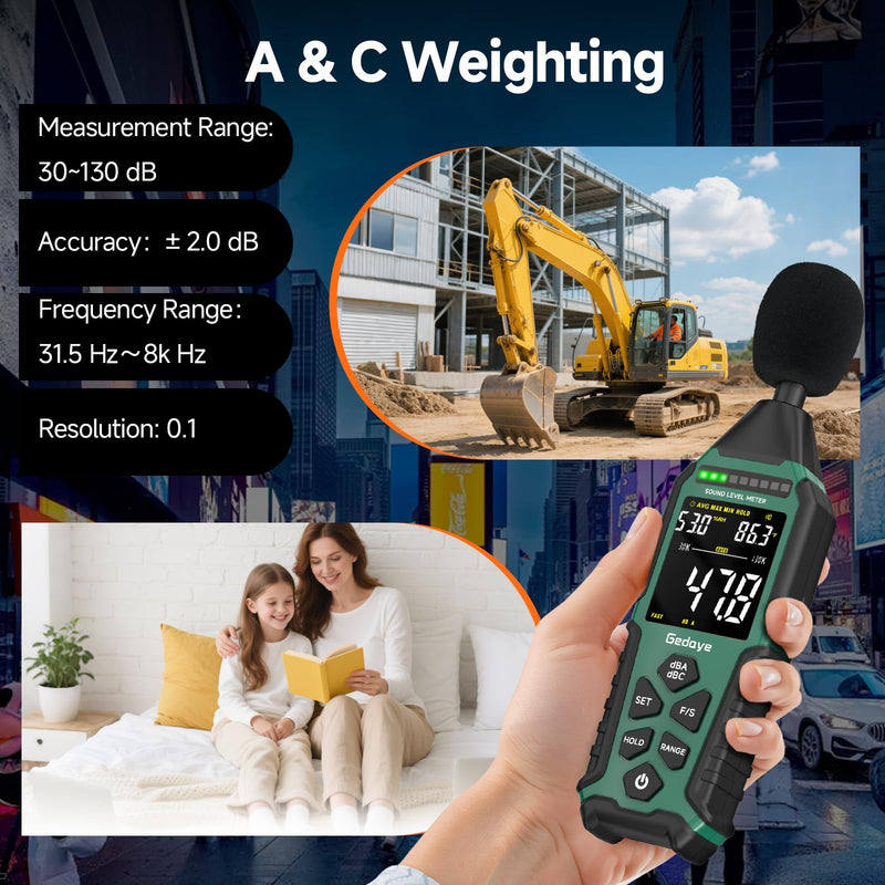 [Australia - AusPower] - Rechargeable Decibel Meter, Gedaye Sound Level Meter, A/C Weighted SPL Meter, Portable Noise Measure Device Range 30-130dB, Noise Detector Sound Monitor Decibel Reader Classroom Factory Noisy Neighbor Green 