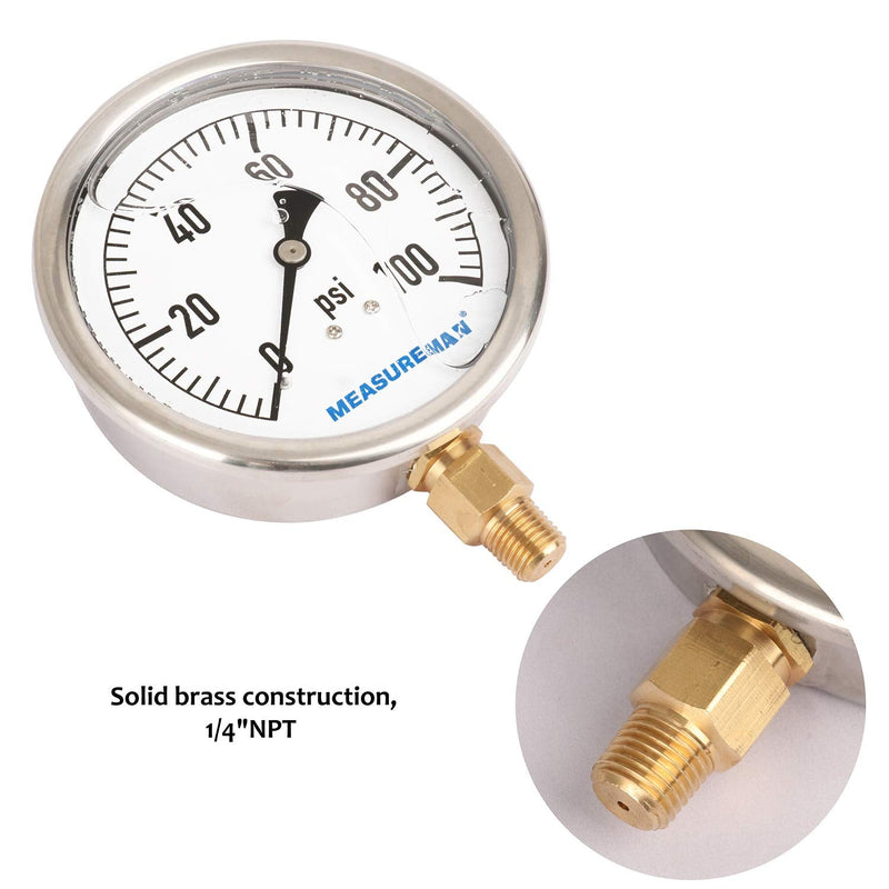 [Australia - AusPower] - MEASUREMAN 4" Dial Size, Glycerin Filled Plumbing Pressure Gauge, 0-100psi, Stainless Steel Case, 1/4"NPT Lower Mount 