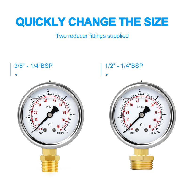 [Australia - AusPower] - ERGAOBOY 0-6 Bar (0-90 Psi) Stainless Steel 1/4 Inch BSP 2.5 Inch Dial Liquid Pressure Gauge, with Brass Adapter, Bottom Mounting 0-6 Bar(1/4" Flüssig füllen) Lower Mount 