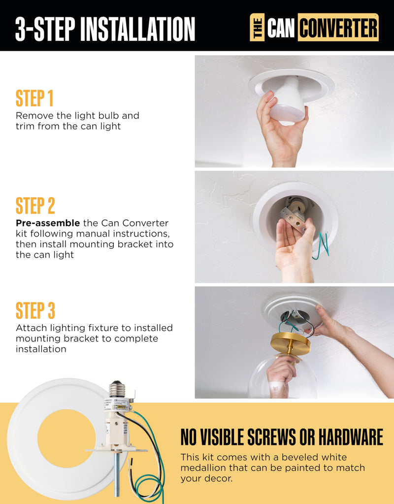 The Can Converter R1 Recessed Can Light Conversion Kit w/ 8¼" Steel Beveled Ceiling Medallion - Home Improvement for 4", 5" & 6" Cans, Fan & Light Fixture Converter Kit, UL Certified, White