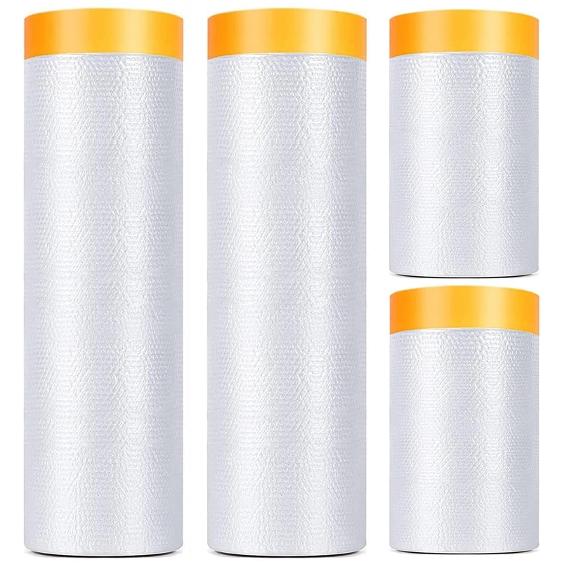 4 Pack Tape and Drape, 3 Sizes Pre-Taped Masking Film for Auto Painting Covering, 65.6 Ft/Pack Plastic Pre-Adhesived Dust Paint Protective Drop Film for Furniture, Car, Floor 3 Sizes x 65.6 Foot - 4 Rolls