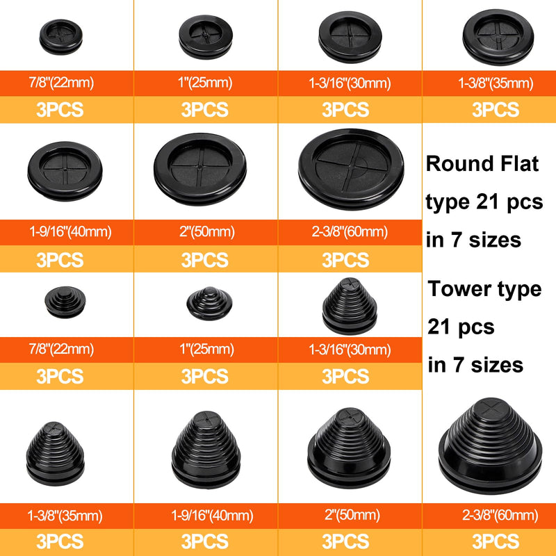 Yarlung 42 Pack Rubber Grommets Assortment Kit for Wire Protection, 7 Sizes Drill Hole Grommets Firewall Hole Plug for Wire, Plug, Electrical Appliance, Plumbing, Tower Shaped and Round Double Sided