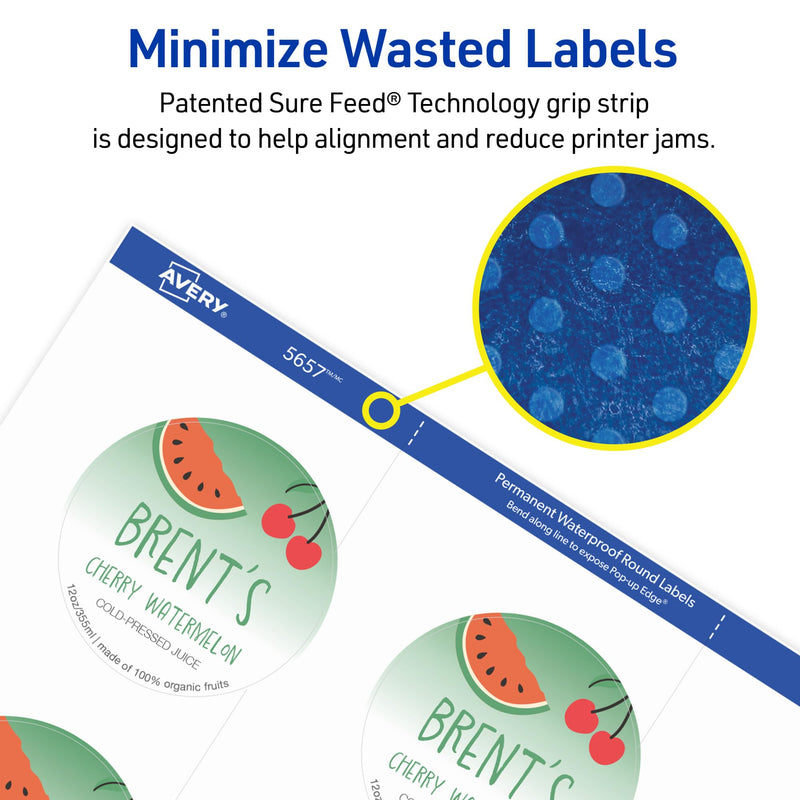 Avery Durable Waterproof Labels, Sure Feed Technology, 2" Diameter, Matte White, Laser/Pigment-Inkjet Printable, 96 Blank Labels, Great for Food Containers, Product Merchandising, and More (5657) 96 labels
