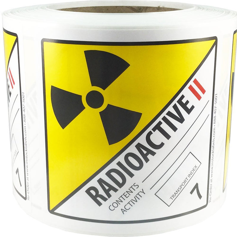 Hazard Class 7 D.O.T. Radioactive II Labels, 4 x 4 Inch Square Yellow Hazmat Stickers, 500 Total Adhesive Labels on a Roll for Shipping and Compliance – Made in the USA