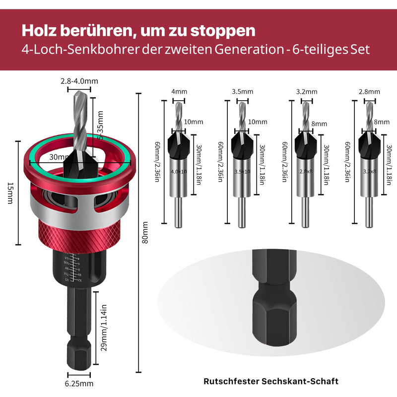 [Australia - AusPower] - 6-Piece Countersink Drill Bit SE, Precise Drills Drill Countersink with 1/4 Inch Hex Shank, Countersink Wood Drill with Depth Stop, Even Drilling 
