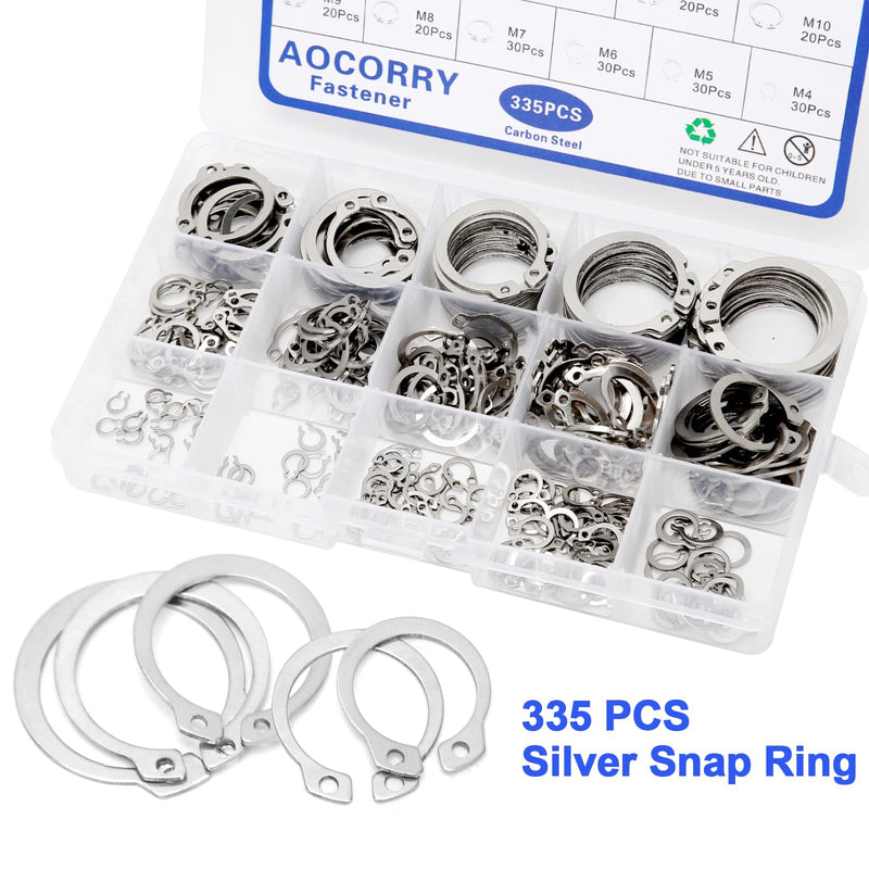 Snap Rings Assortment Kit, 335PCS External Retaining Rings Snap Ring Set, 15 Sizes C Clips Retainer Rings Set, External Circlip Snap Rings Set Silver-335PCS