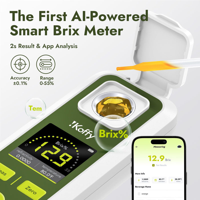 [Australia - AusPower] - AI Digital Brix Refractometer with ATC, APP Sync & AI Analysis, 0-55% Range, ±0.1% Accuracy, Waterproof & Rechargeable, for Fruits, Vegetables, Juices & Beverages 