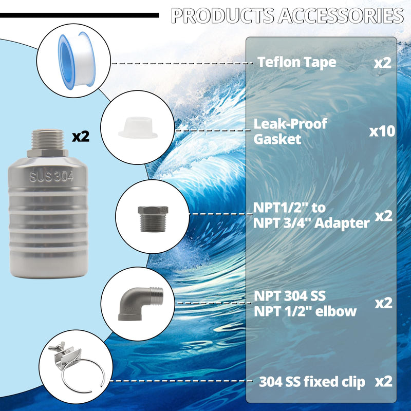 [Australia - AusPower] - MAKERELE 2PCS 1/2" to 3/4'' Float Valve Metal, NPT 304 Stainless Steel Automatic Water Level Control Float Valve for Tanks, Pools, Ponds, and Livestock Troughs 2 
