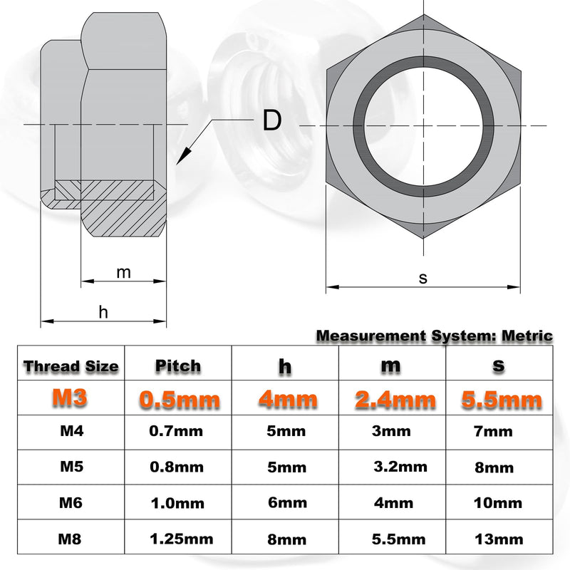 [Australia - AusPower] - 120PCS M3 Locknuts Metric Nylon Inserted Hex Lock Nuts Self-Lock Nylon Insert M3x0.5mm 304 Stainless Steel Self Locking 5.5mm Hex Nut Driver Tiny Nut for RC Bike Pedals 3D Printer 