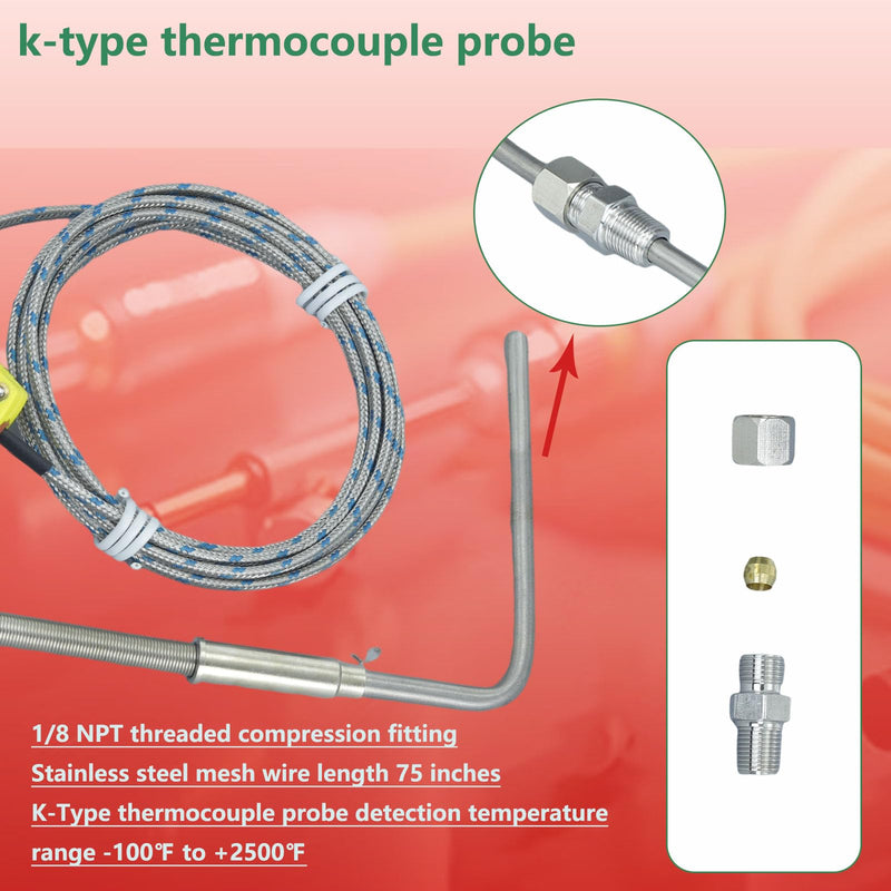 [Australia - AusPower] - K-Type thermocouple Probe 1/8 NPT Thread Compression Adjustable Length Temperature Detection Range -100 °F to 2200 °F 
