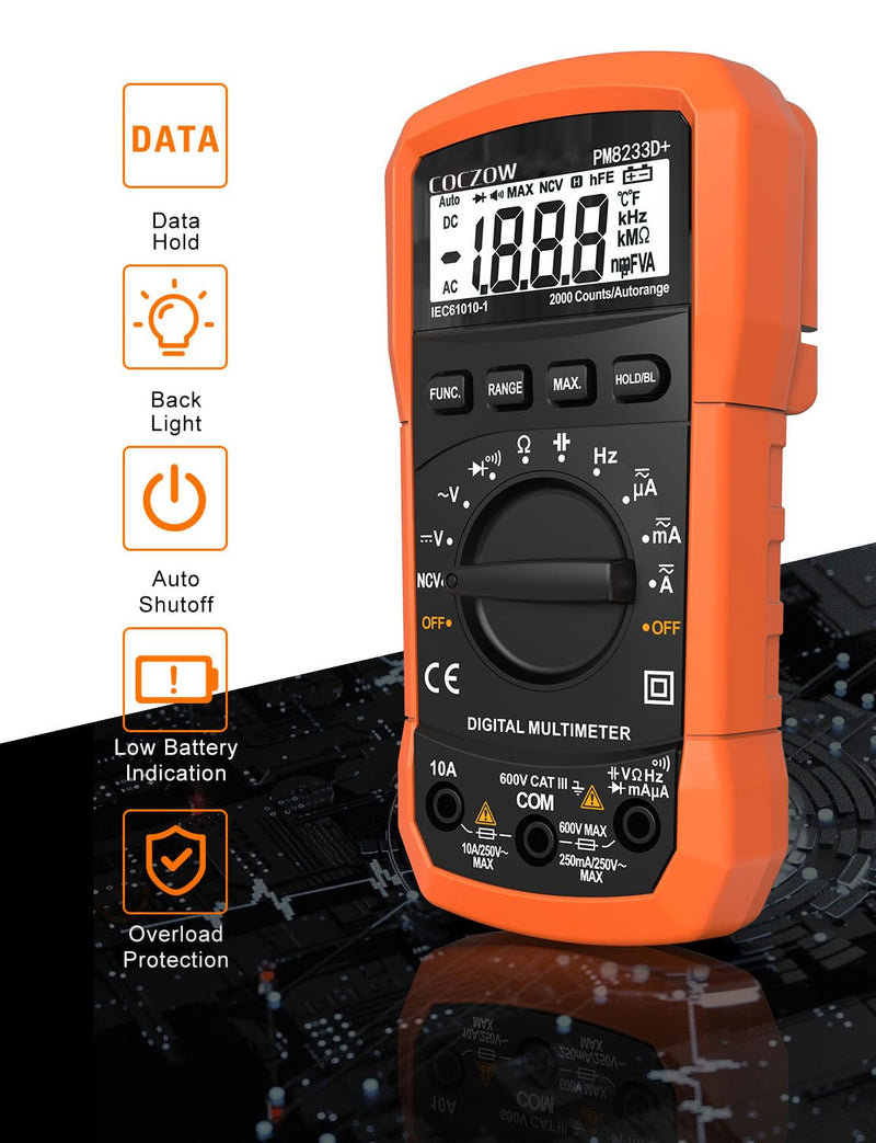 [Australia - AusPower] - Digital Multimeter,Multimeter Tester, High Sensitivity Voltmeter Ammeter Ohmmeter NCV Circuit Checker Measures AC/DC Voltage,AC/DC Current, Resistance, Diodes, Continuity, Transistor (Black) Black 
