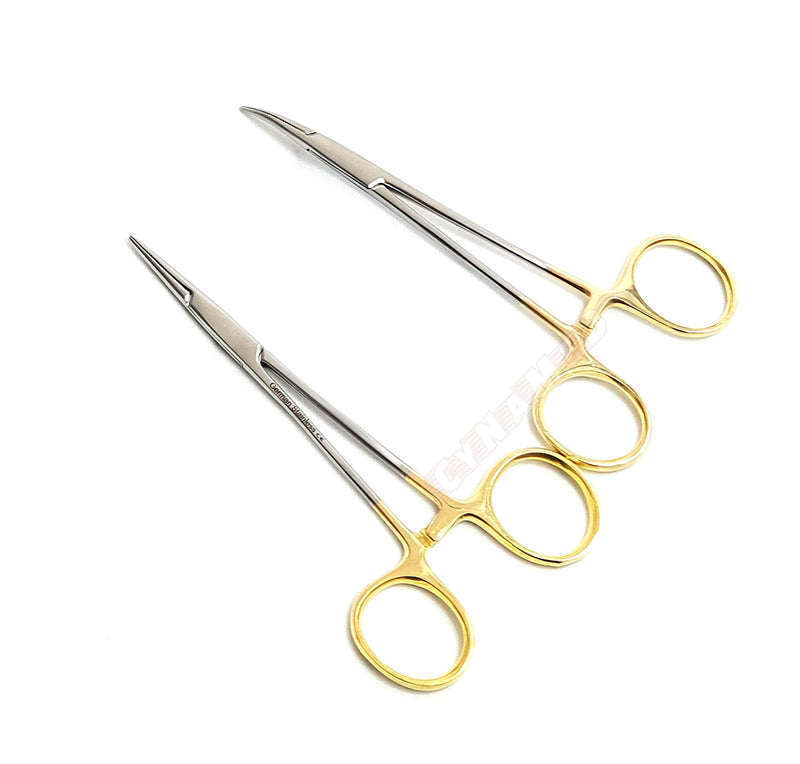 [Australia - AusPower] - Premium German Stainless- Set of 2 PCS Gold Handle Mosquito Locking HEMOSTAT Forceps Straight + Curved 5"-Cynamed 
