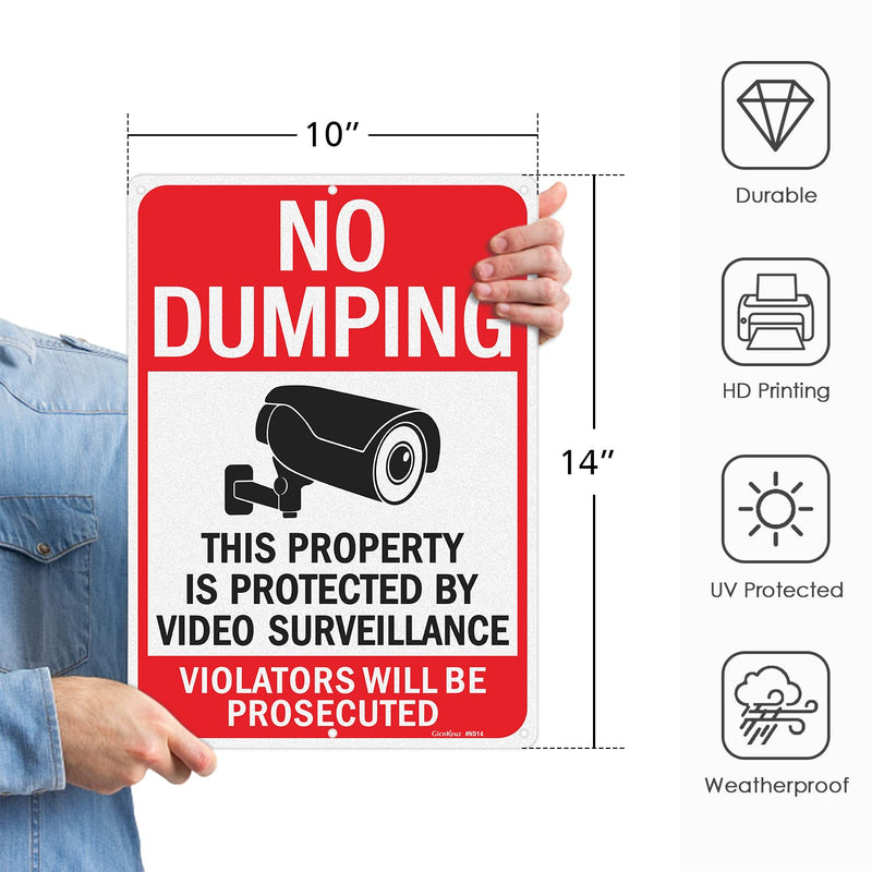 GicnKeuz Large No Dumping signs, 14x10 Inches Property Protected by Video Surveillance signs, Reflective Aluminum, Fade Resistant/Waterproof, Indoor or Outdoor Use (2-Pack) 2 Pack