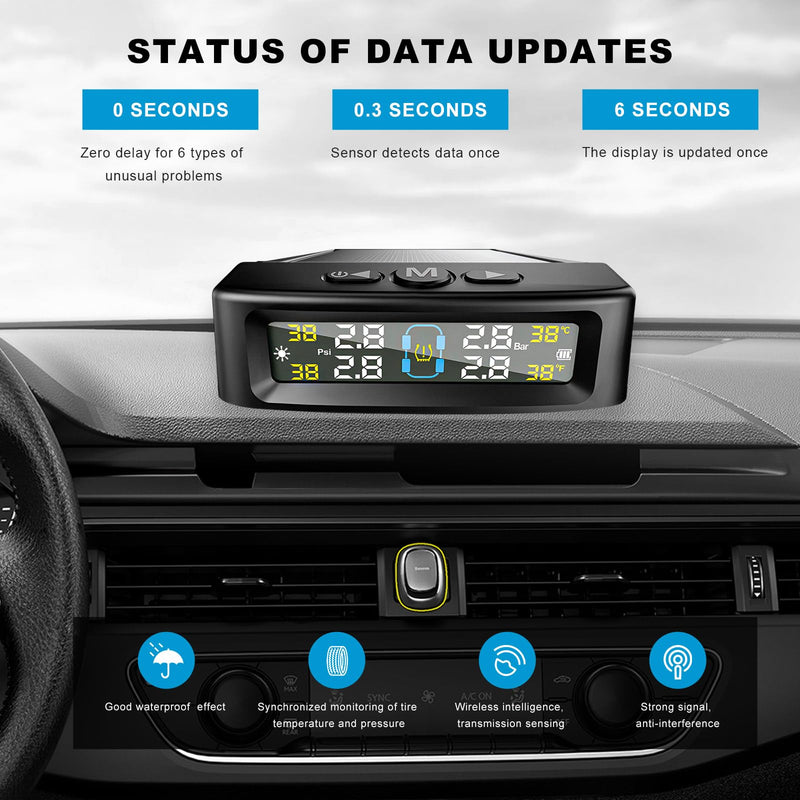 Tire Pressure Monitoring System, Vehicle Tire Pressure Monitor with Solar Charger & 4 External Sensors, Real-Time LCD Display TPMS w/6 Alarm Modes for Car Truck RV