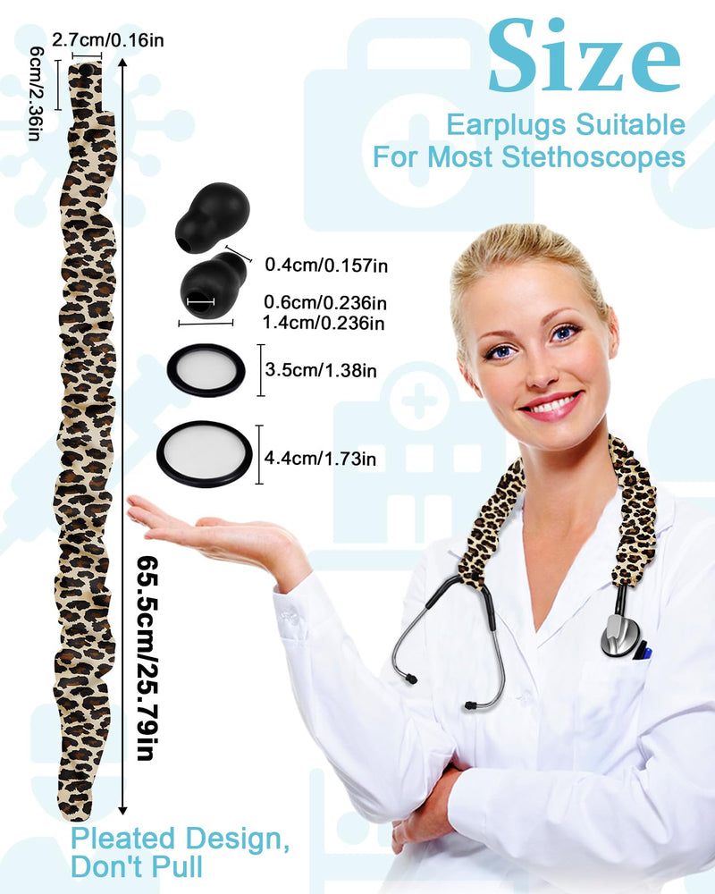 [Australia - AusPower] - Plifal Elastic Stethoscope Cover Sleeve for Nurse Doctors Cuff Accessories - Leopard Print Pleated Design, Fits Most Dual-head Removable & Single-head Stethoscopes, Comes with Diaphragms and Earplugs brown 